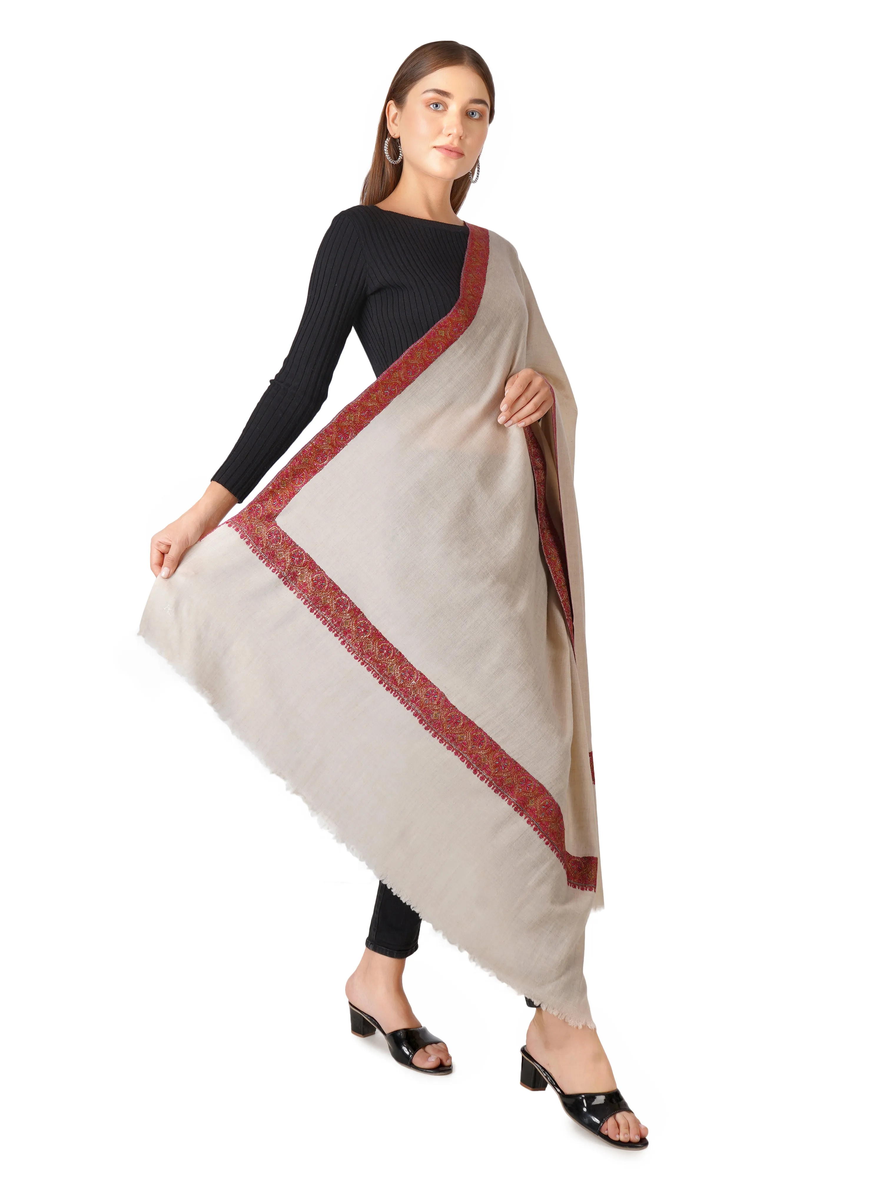 Pashmina Shawl Hand Embroidered and Handmade - Light Natural Toosh