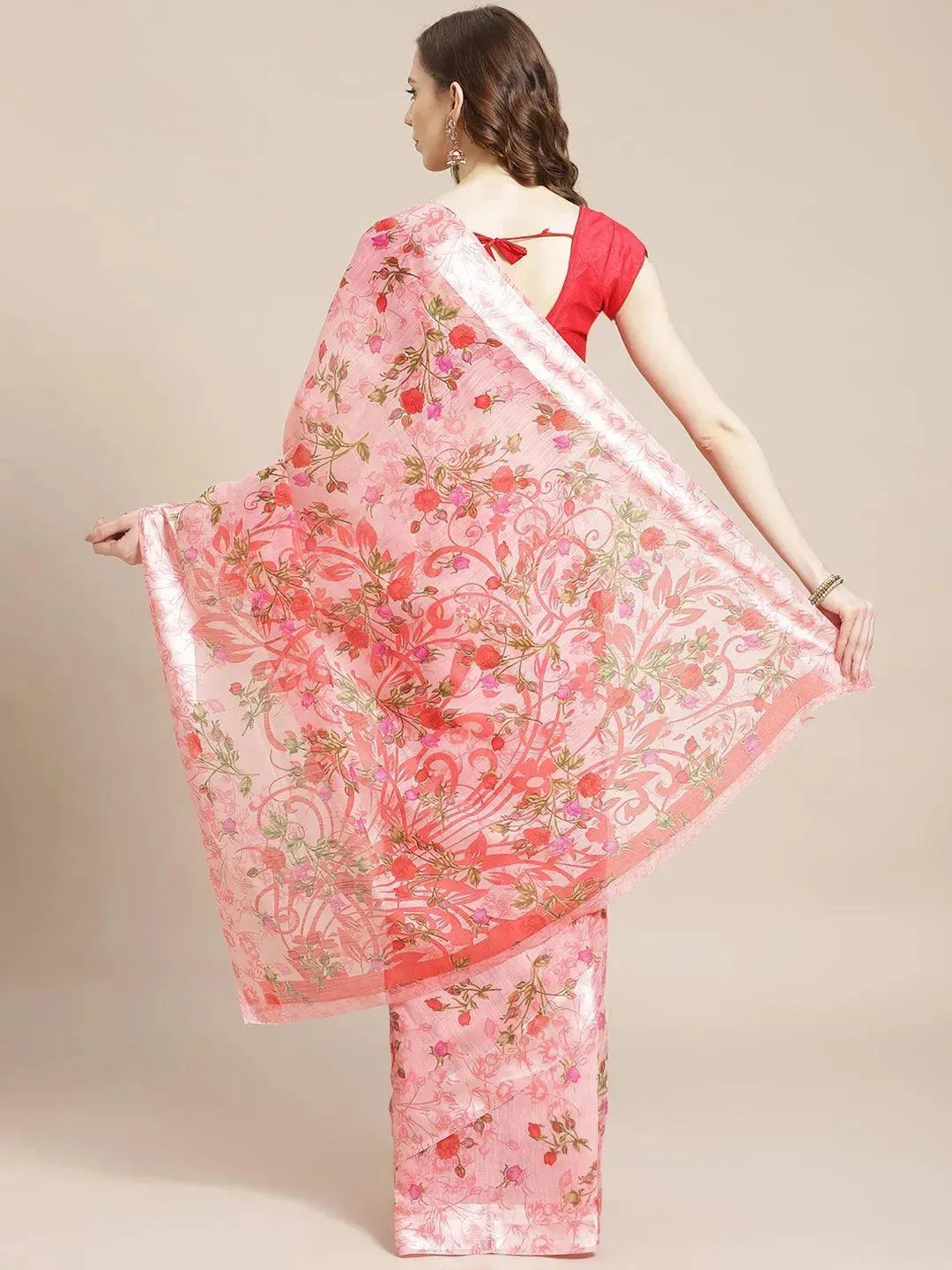 Pink Printed Satin Saree