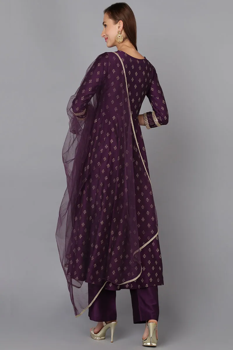 Purple Silk Blend Anarkali Kurta Pant With Dupatta
