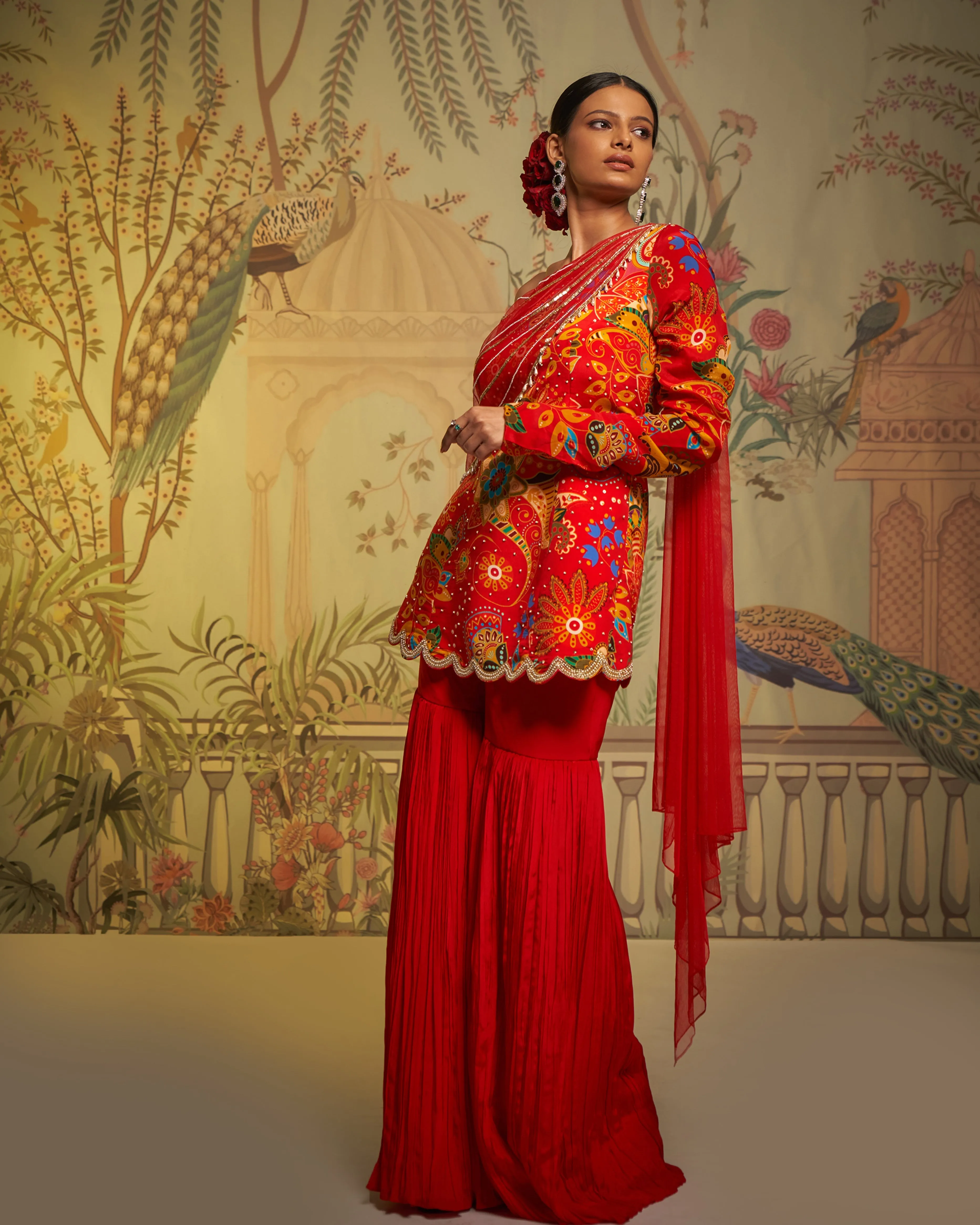 Red Crepe Silk Phulvaari Printed Tunic And Gharara Set