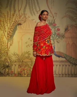 Red Crepe Silk Phulvaari Printed Tunic And Gharara Set