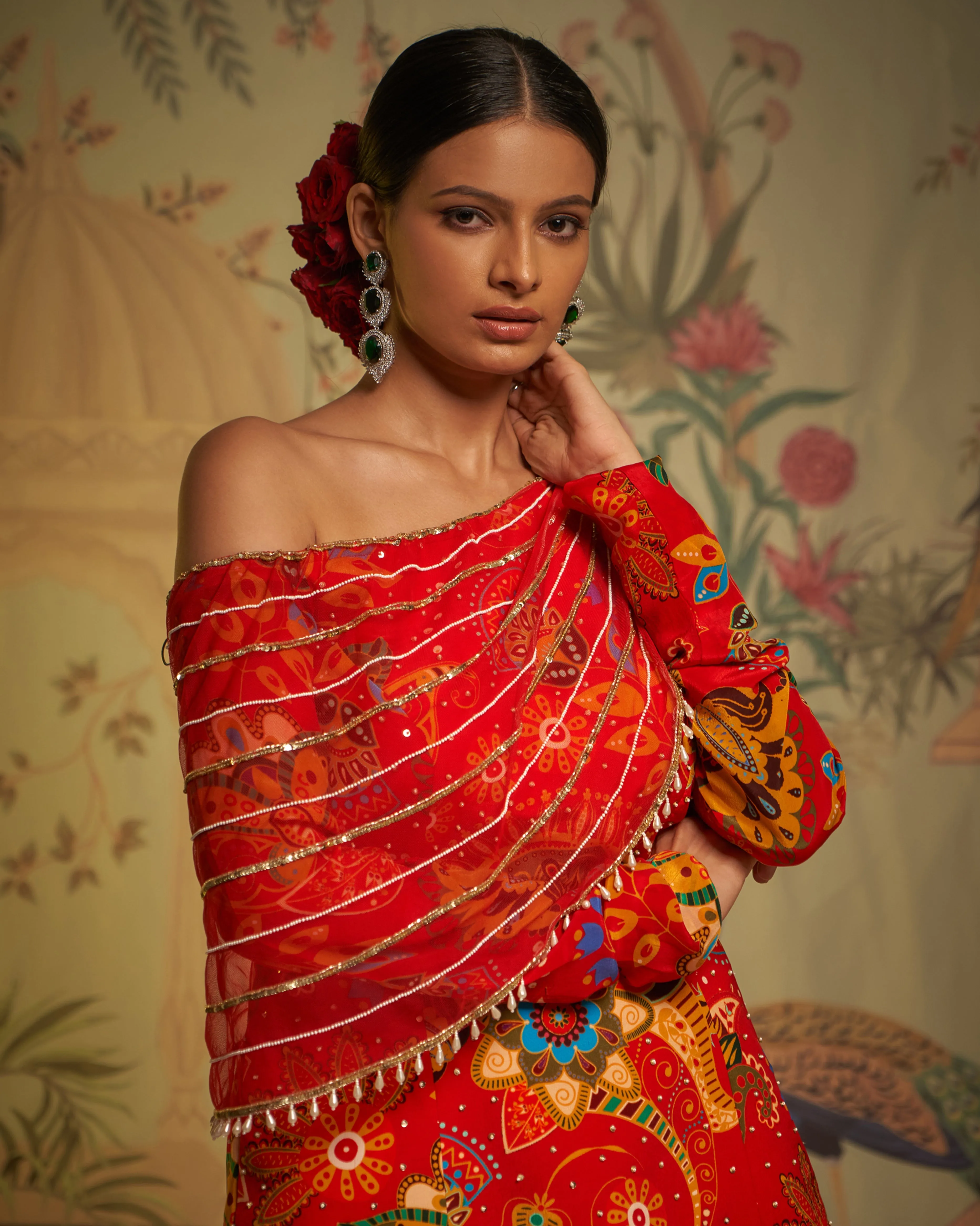 Red Crepe Silk Phulvaari Printed Tunic And Gharara Set