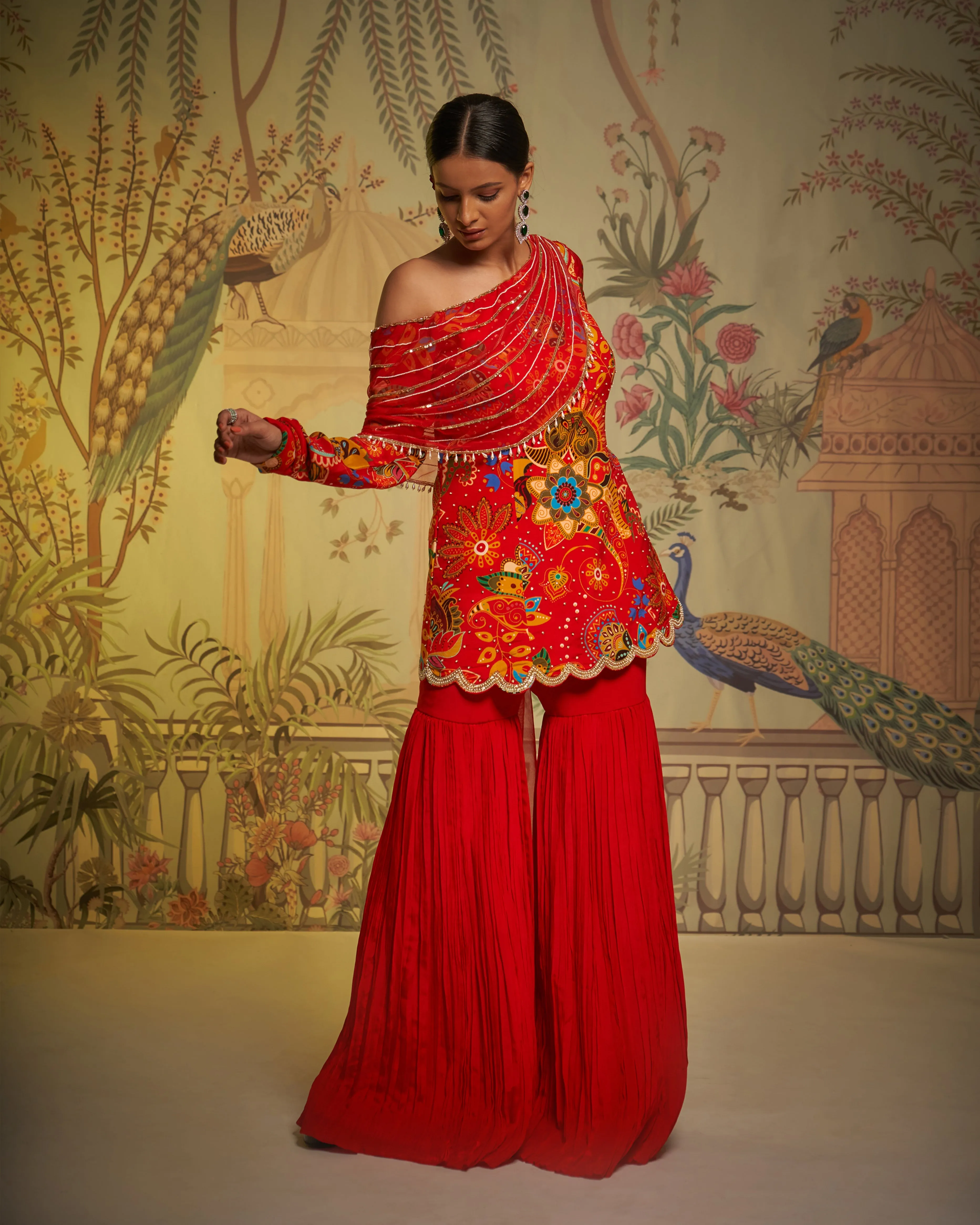 Red Crepe Silk Phulvaari Printed Tunic And Gharara Set