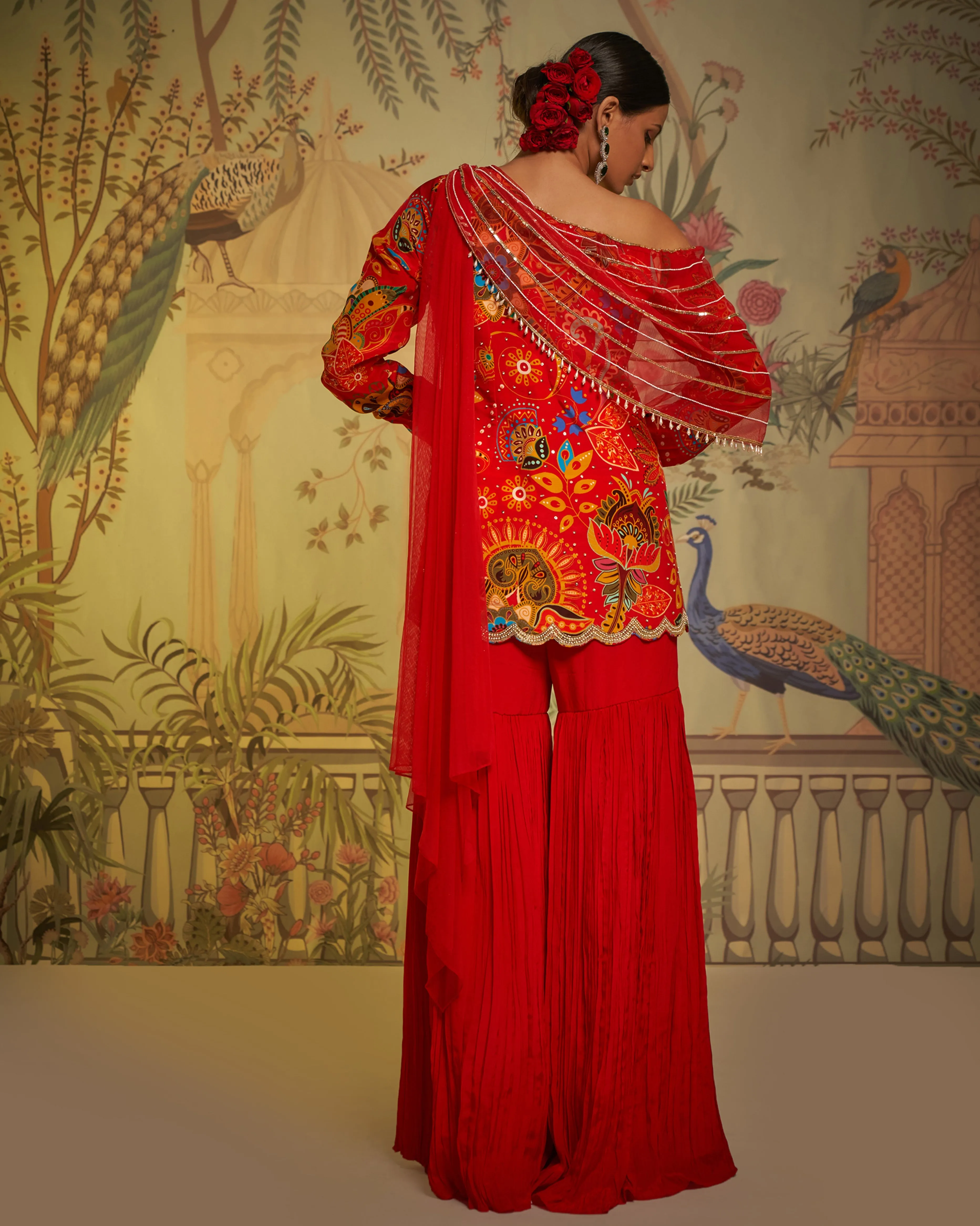 Red Crepe Silk Phulvaari Printed Tunic And Gharara Set