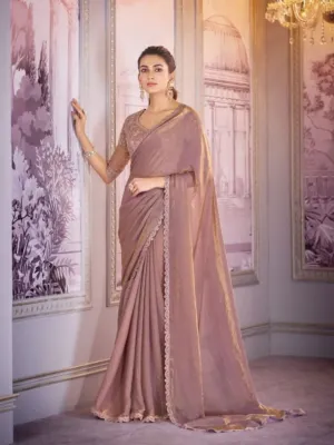 Refined Rosy Brown Satin Organza Embroidered Saree