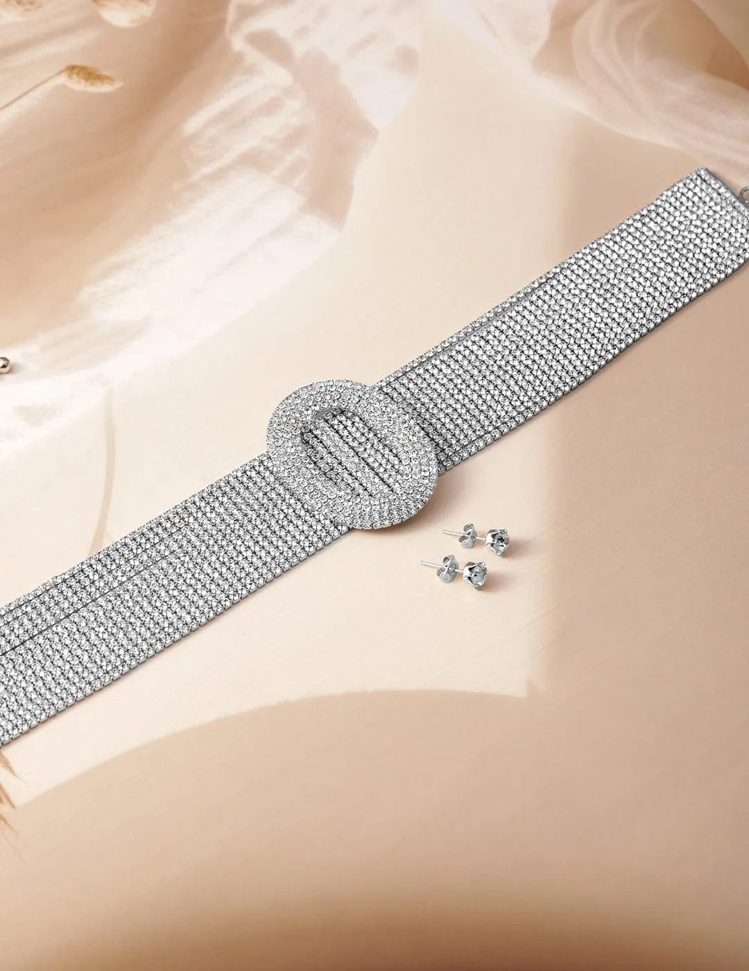 Rhodium Plated Crystal AD & Zirconia Studded Multi-Strand Statement Choker Necklace