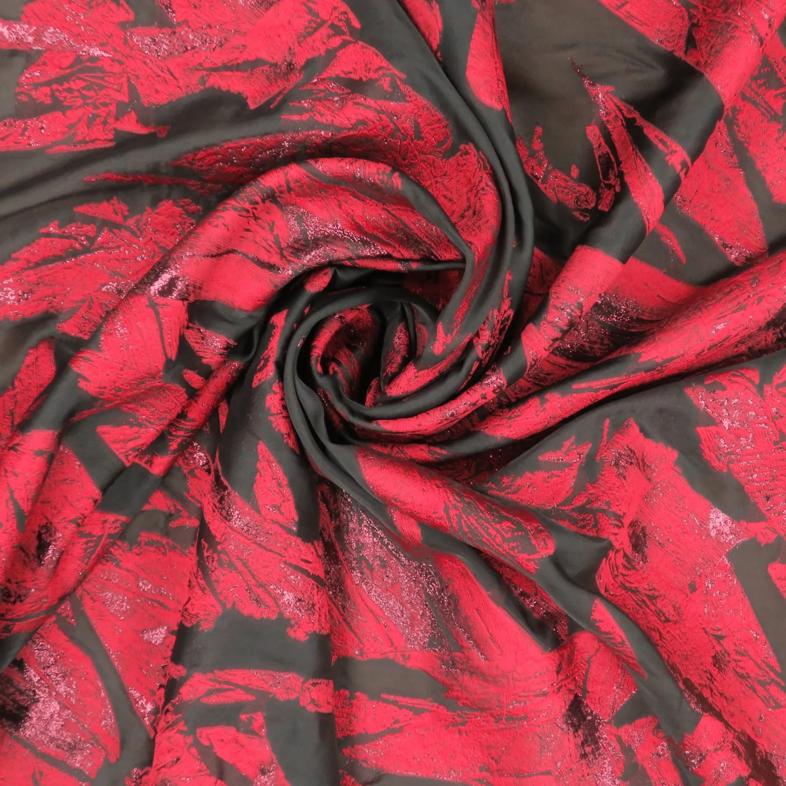 Scarlet Red Abstract on Black Organza Brocade Fabric