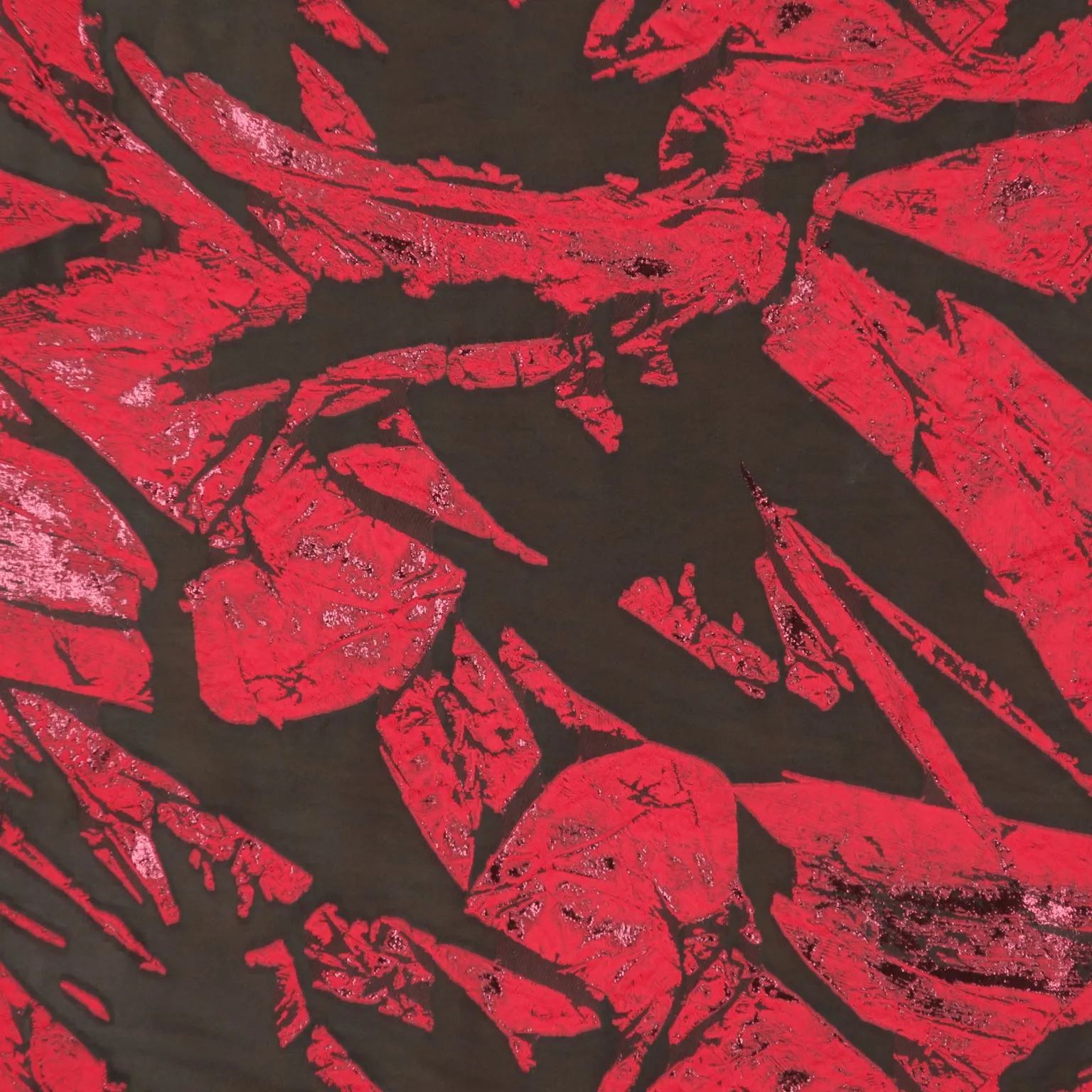 Scarlet Red Abstract on Black Organza Brocade Fabric