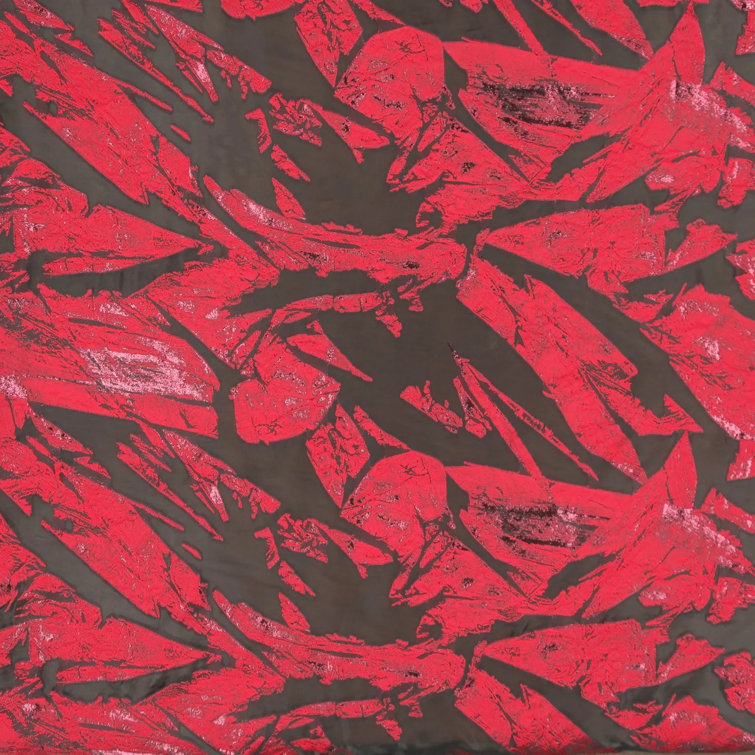 Scarlet Red Abstract on Black Organza Brocade Fabric