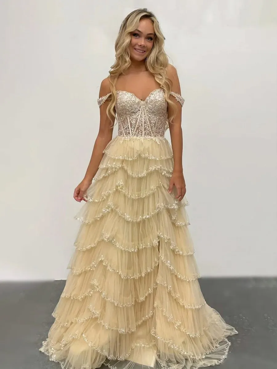 Scout | A-Line Sweetheart Champagne Tulle Prom Dresses with Appliques