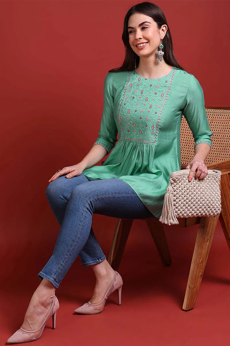 Sea Green Silk Blend Embroidered Regular Top