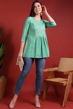 Sea Green Silk Blend Embroidered Regular Top