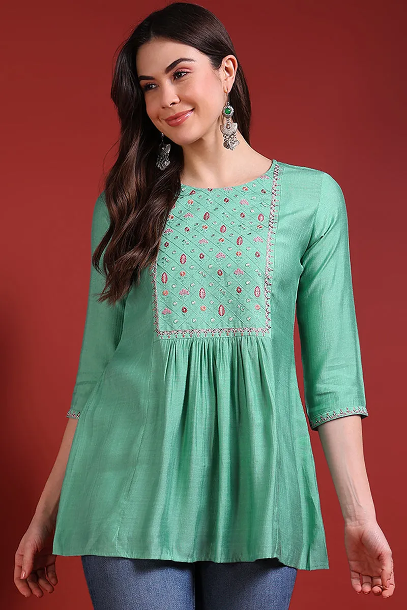 Sea Green Silk Blend Embroidered Regular Top