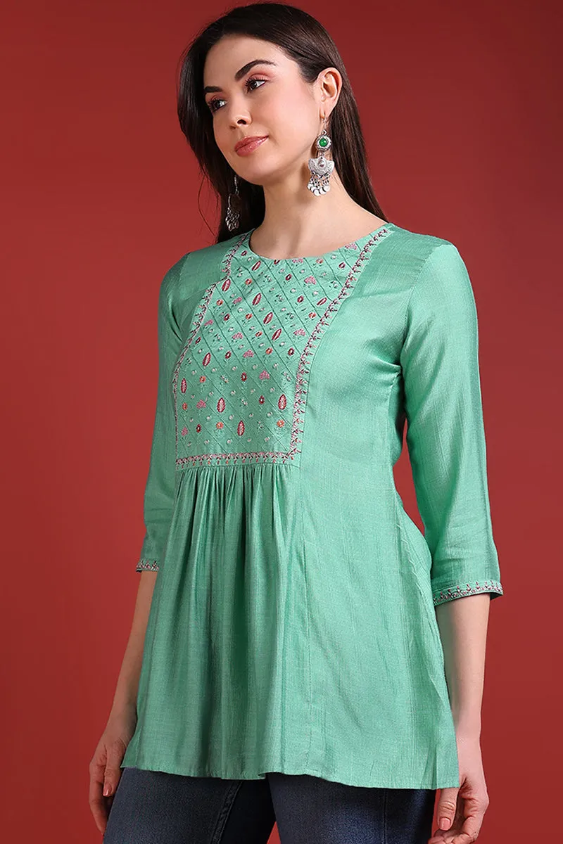 Sea Green Silk Blend Embroidered Regular Top