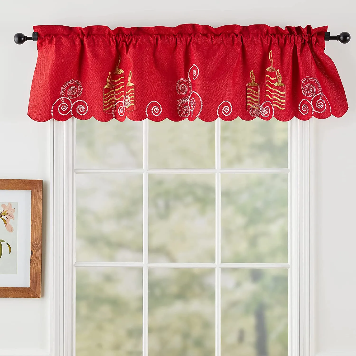 Seasonal Xmas Christmas Holiday Glories Pattern Decorative Window Treatment Rod Pocket Curtain Straight Valance