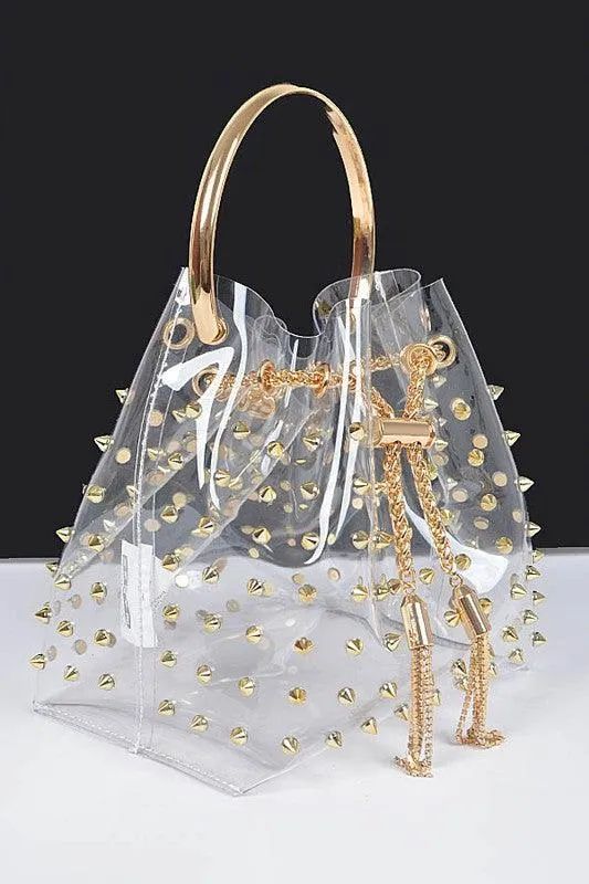 Studded Cleared Top Handle PVC Clutch Bag