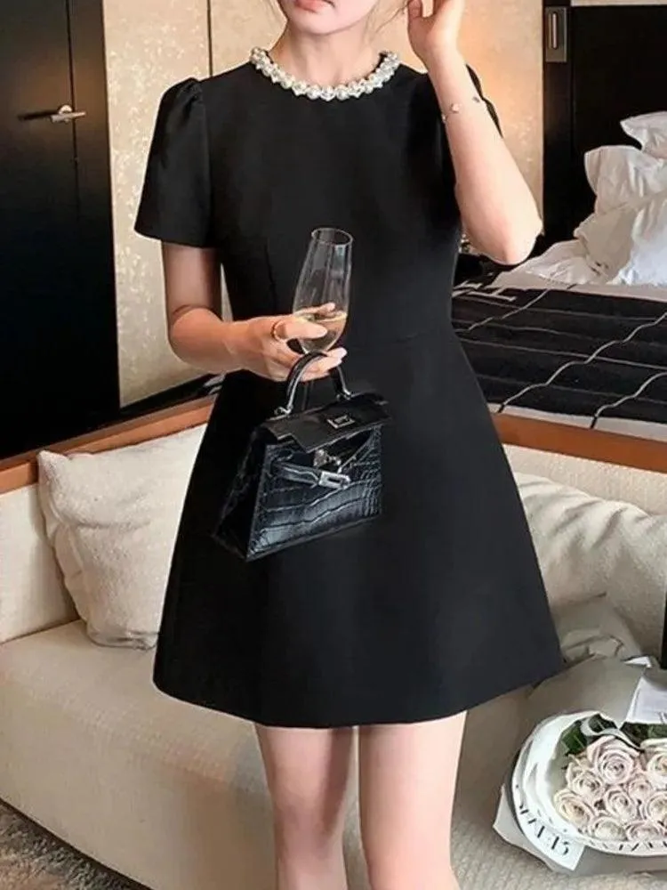 Vintage Studded O-Neck Mini Dress