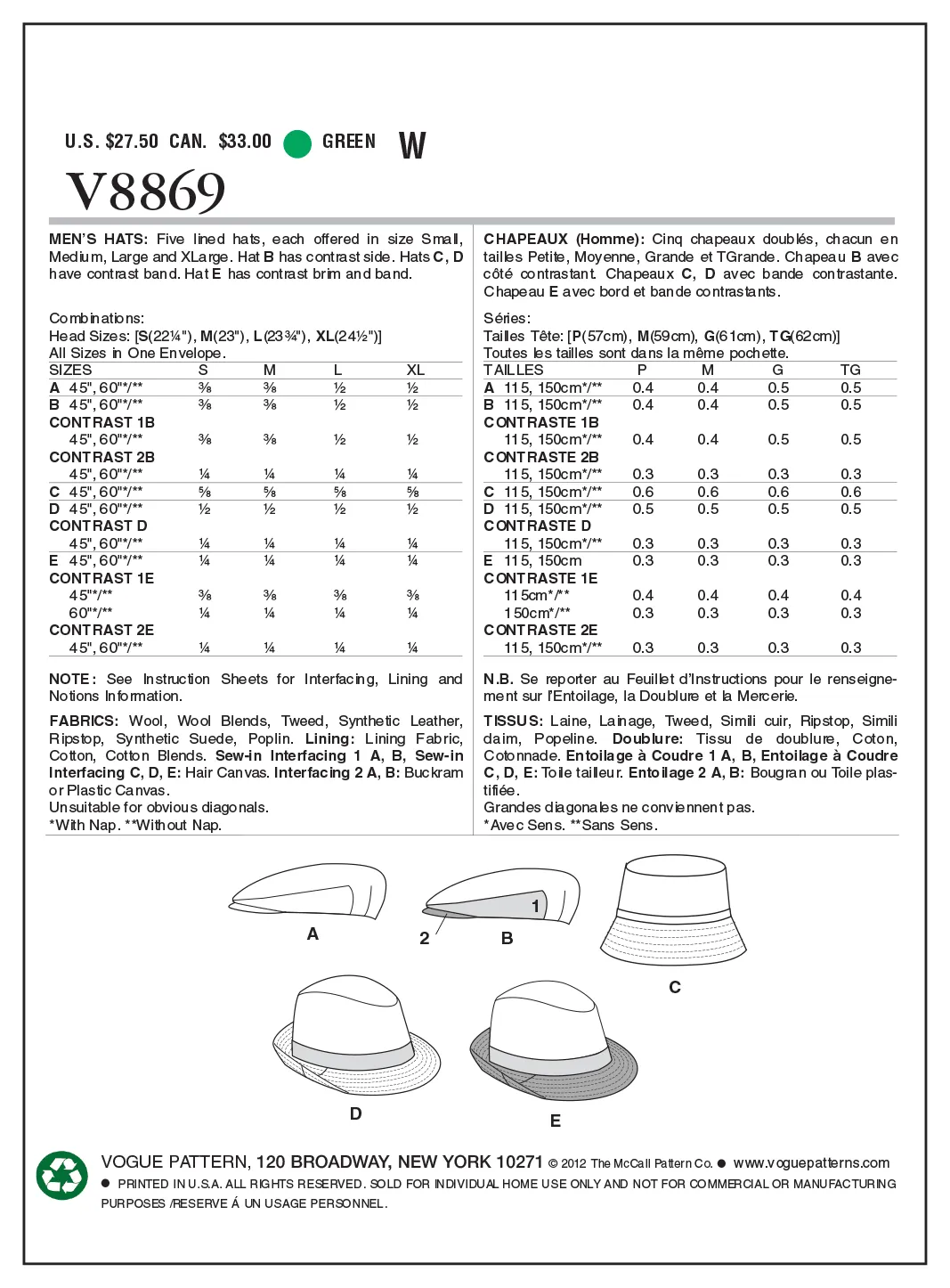 Vogue Sewing Pattern 8869 Men's Hats