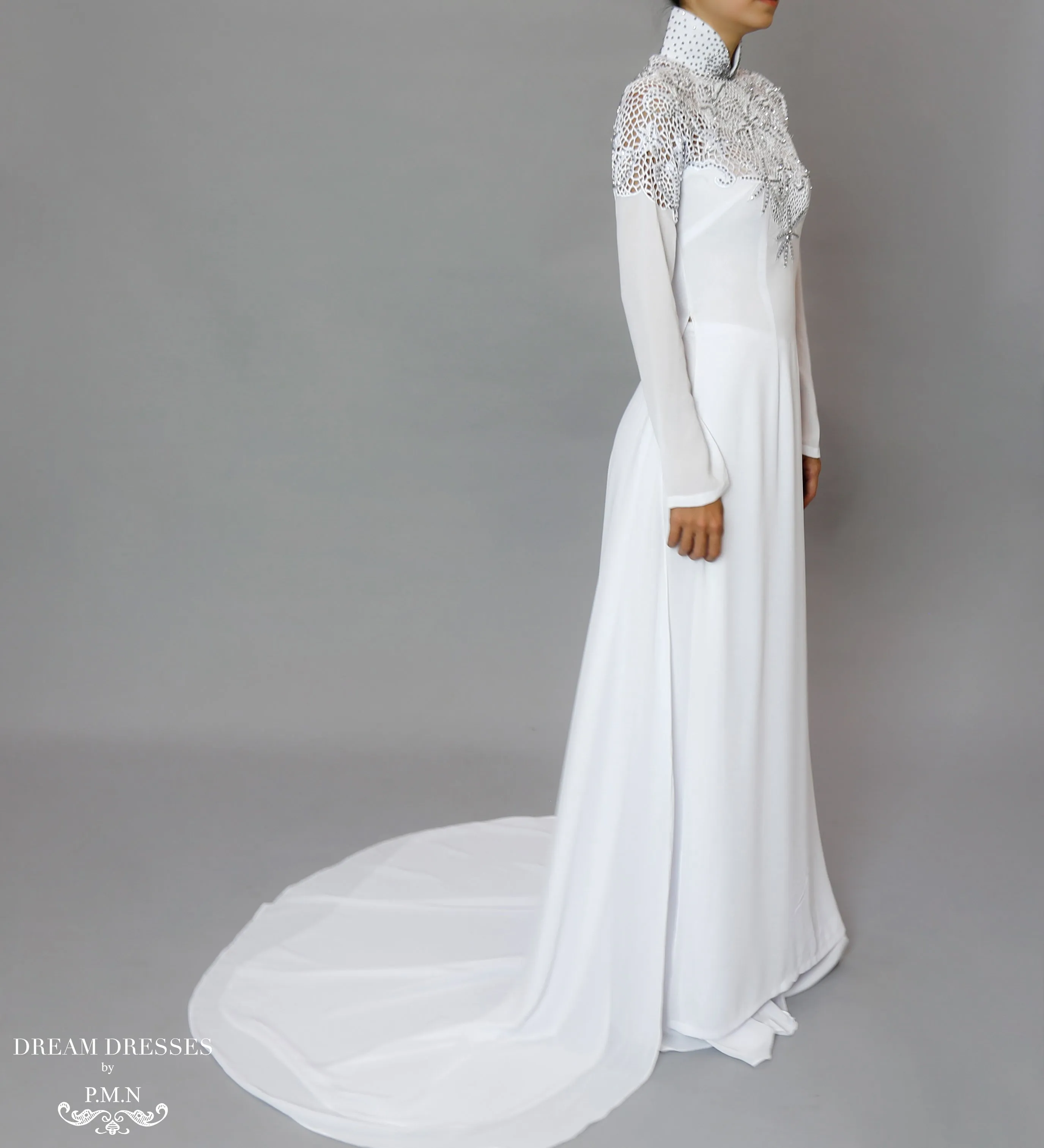 White Bridal Ao Dai | Vietnamese Bridal Dress with Embellishment (#ODILE)