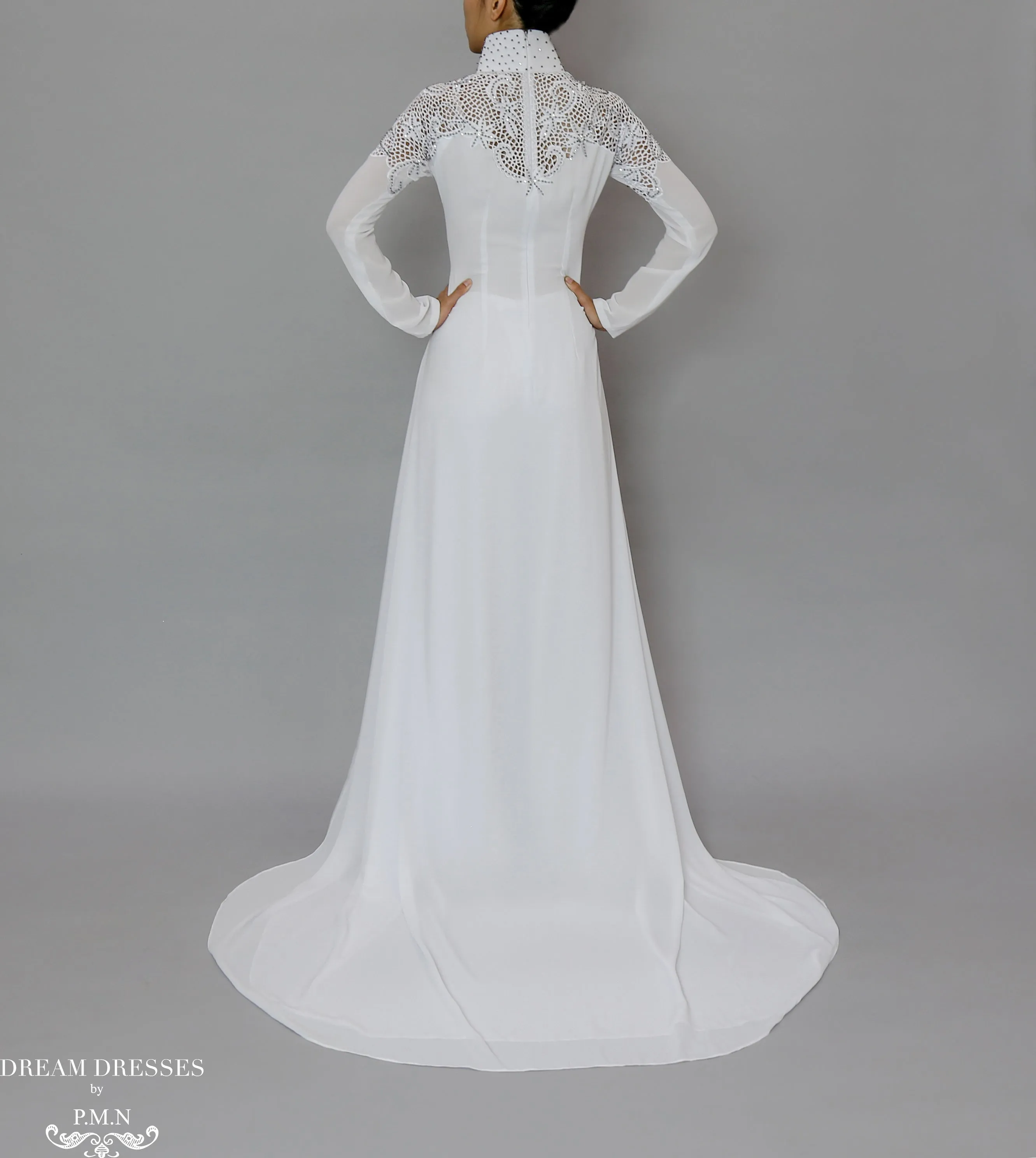 White Bridal Ao Dai | Vietnamese Bridal Dress with Embellishment (#ODILE)