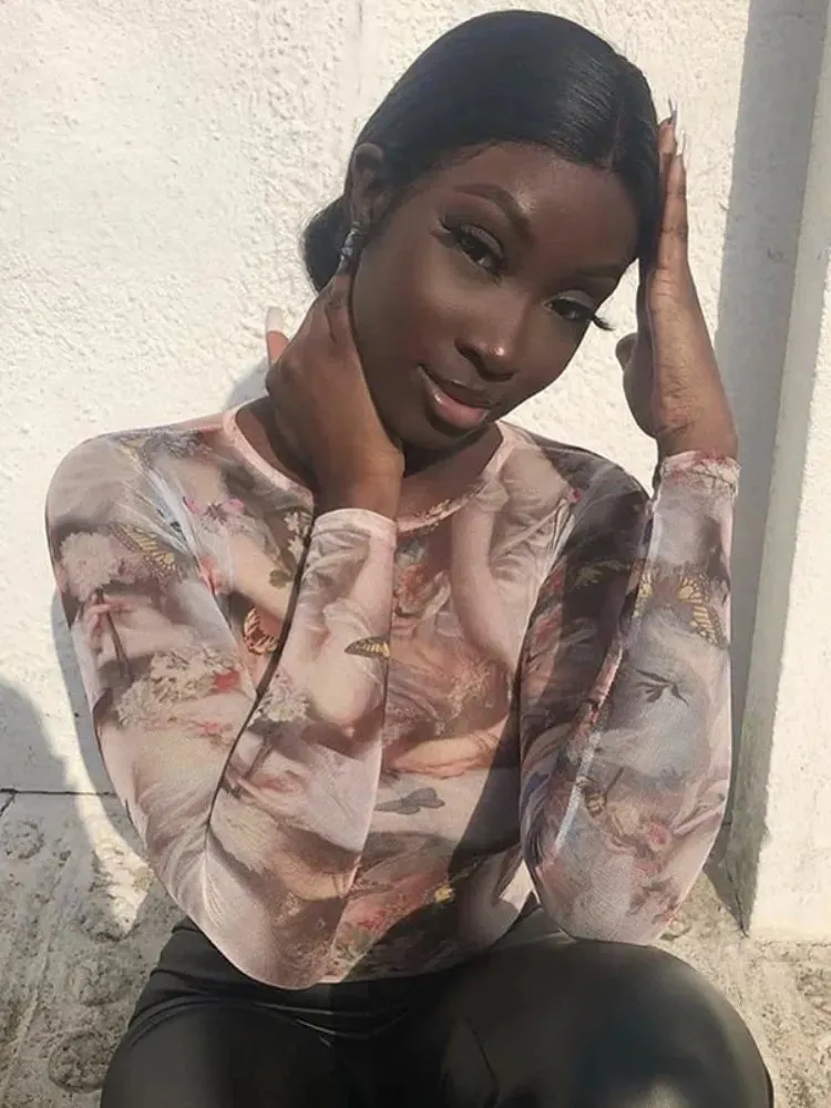 Women Long Sleeve Casual Print Bodysuit