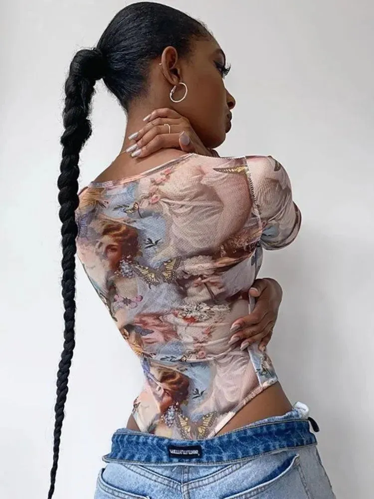 Women Long Sleeve Casual Print Bodysuit