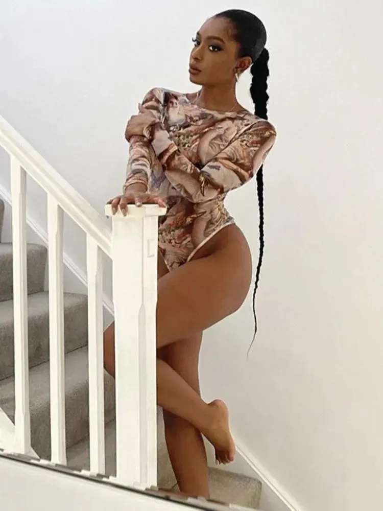 Women Long Sleeve Casual Print Bodysuit
