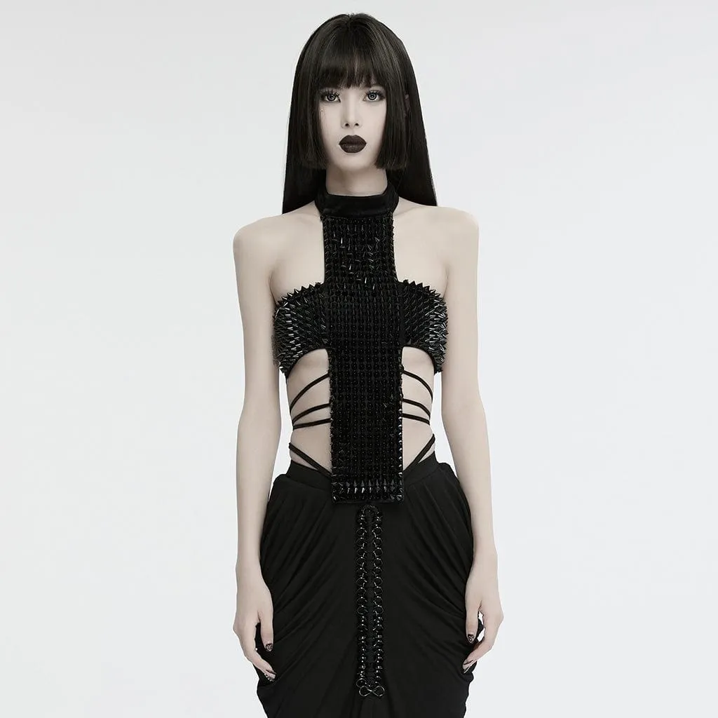 Women's Gothic Halterneck Studded Lace-up Top