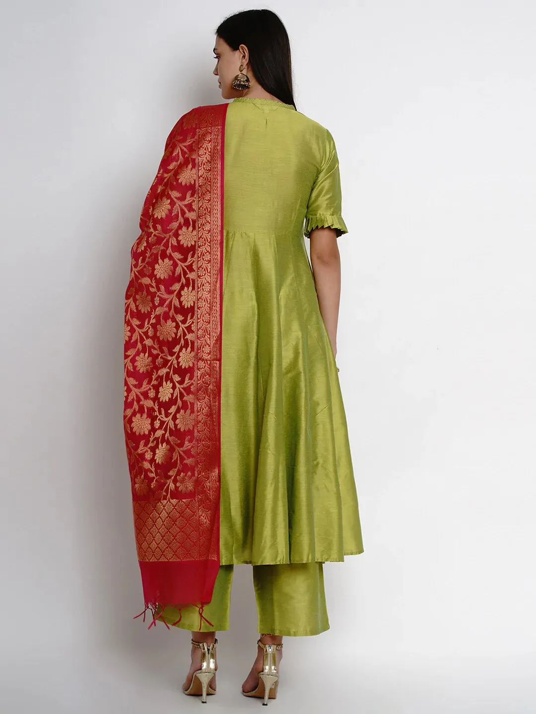 Women'S Green & Red Solid Kurta With Palazzos & Dupatta