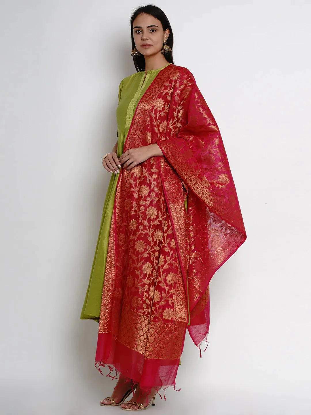 Women'S Green & Red Solid Kurta With Palazzos & Dupatta