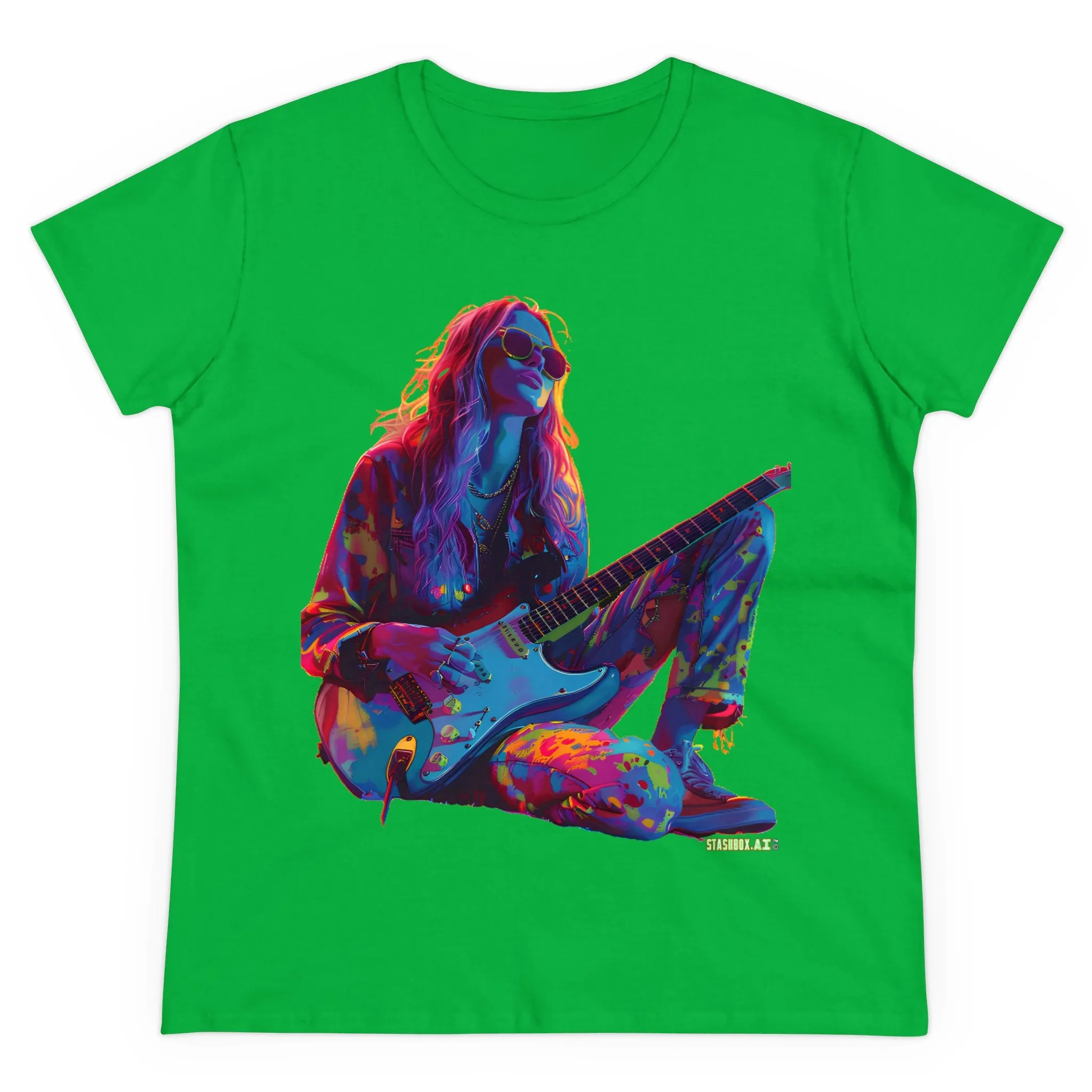 Women's Midweight Cotton Tshirt Colorful Hippy Female Guitarist in the Groove  002
