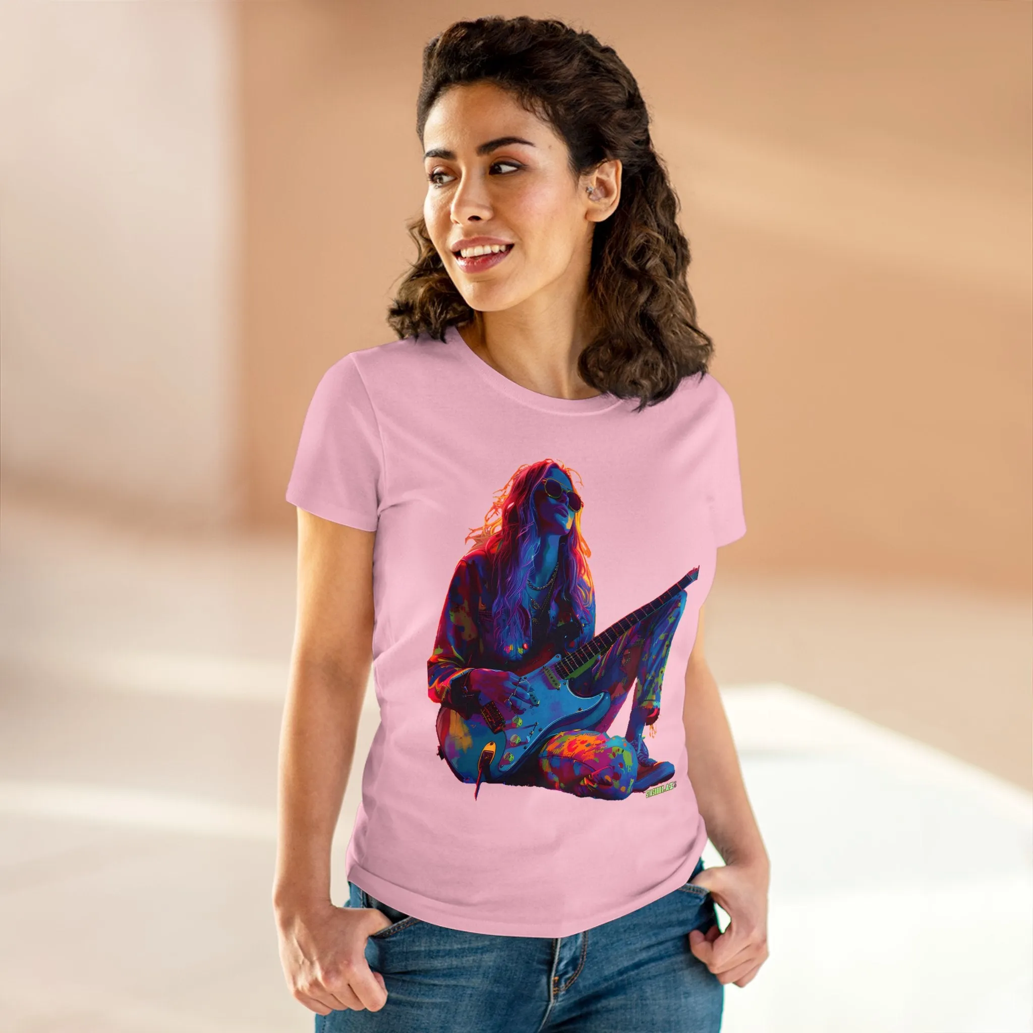 Women's Midweight Cotton Tshirt Colorful Hippy Female Guitarist in the Groove  002
