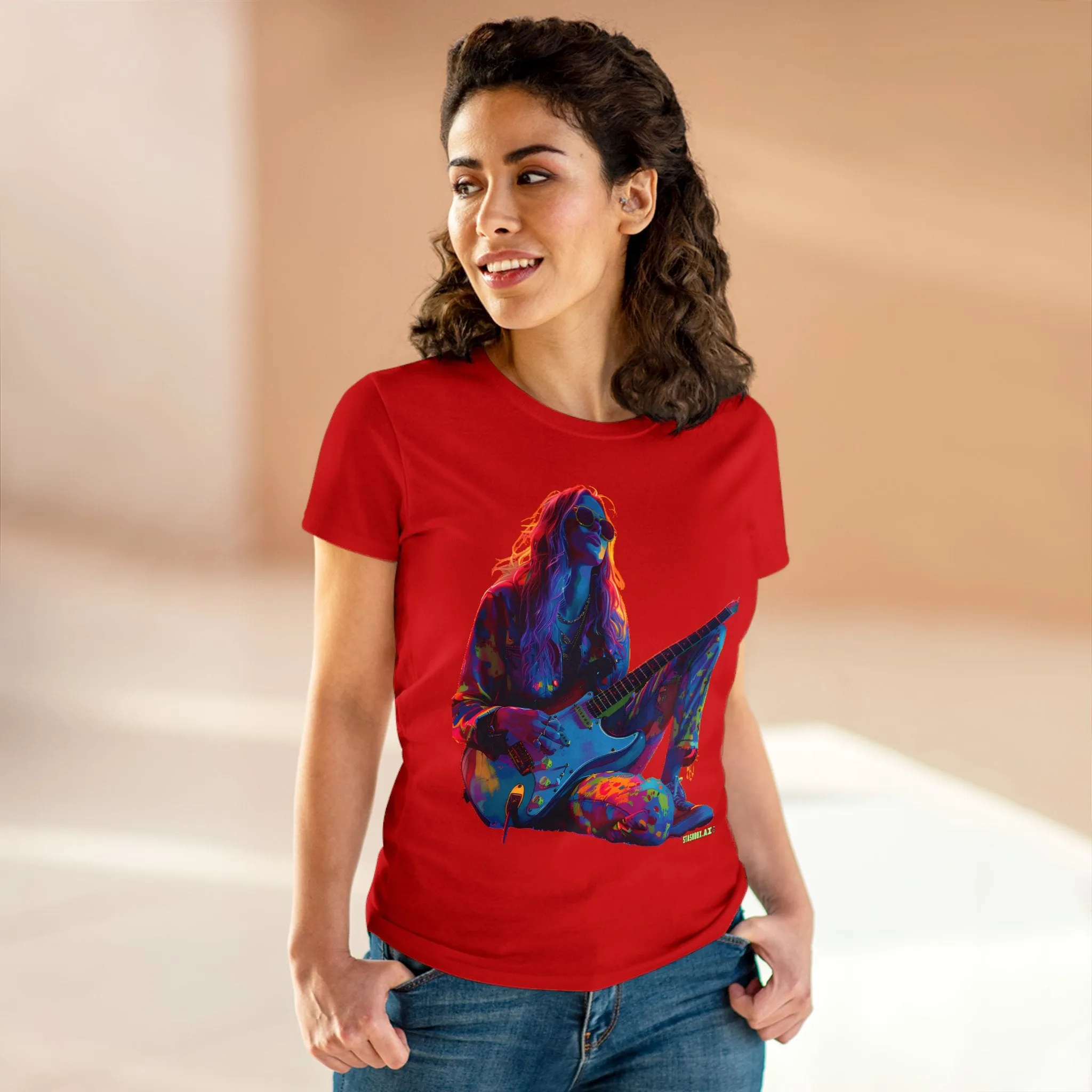 Women's Midweight Cotton Tshirt Colorful Hippy Female Guitarist in the Groove  002