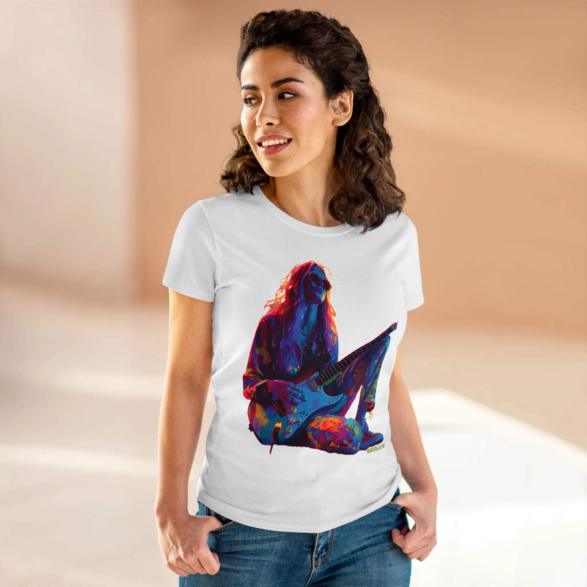 Women's Midweight Cotton Tshirt Colorful Hippy Female Guitarist in the Groove  002