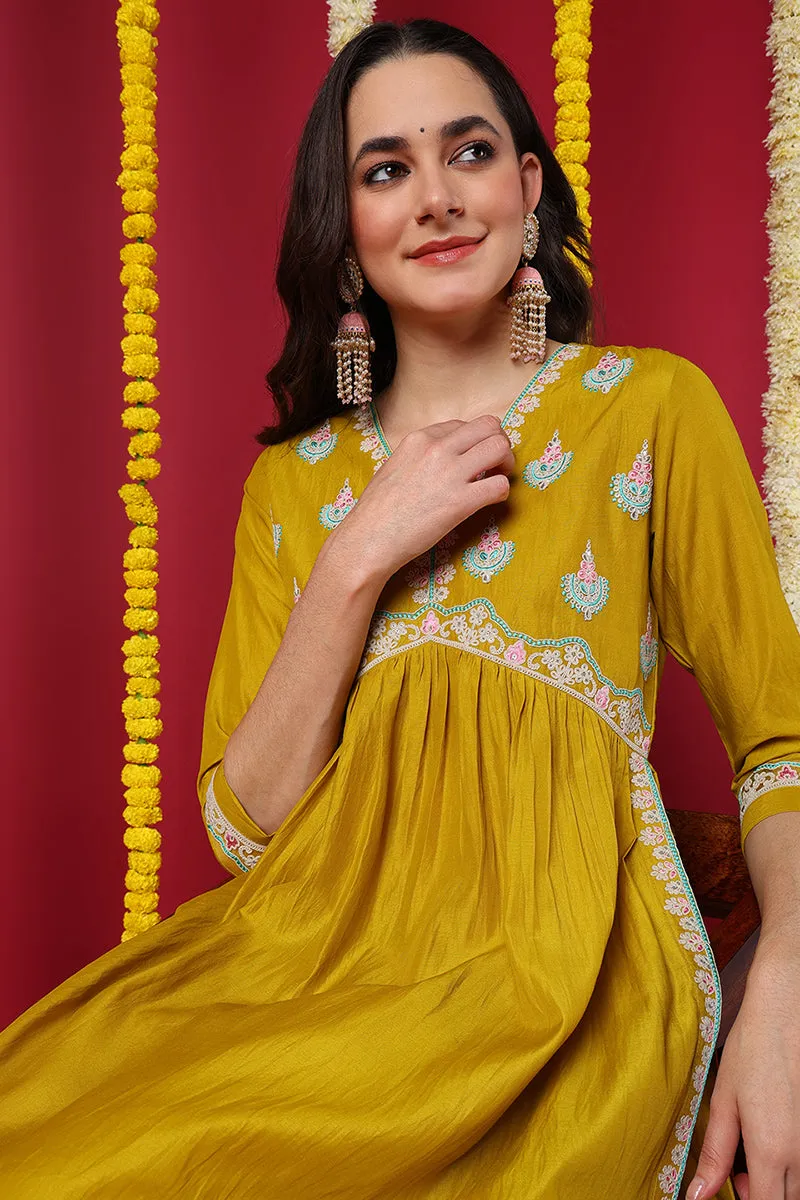 Yellow Silk Blend Solid Embroidered Flared Kurta Set