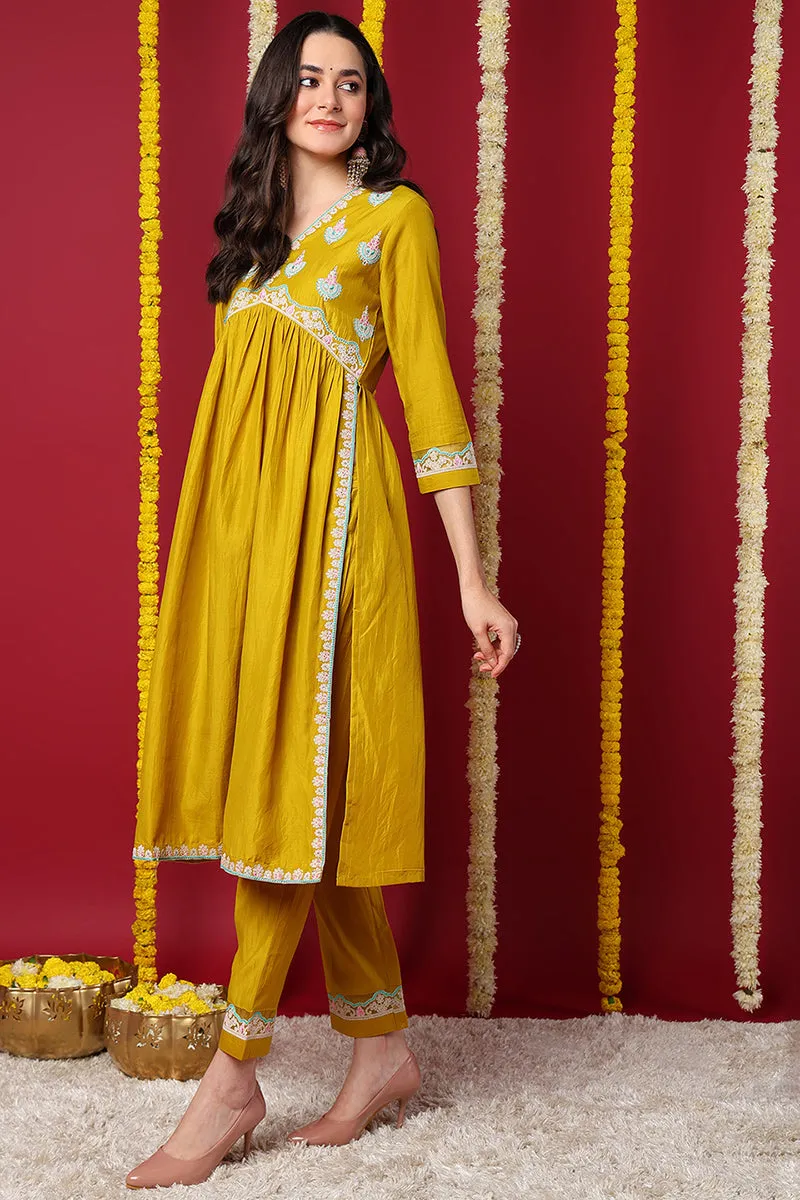 Yellow Silk Blend Solid Embroidered Flared Kurta Set