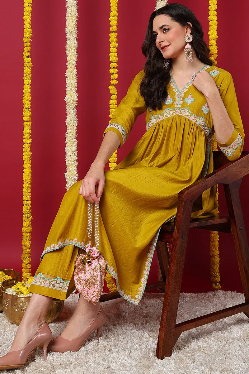 Yellow Silk Blend Solid Embroidered Flared Kurta Set