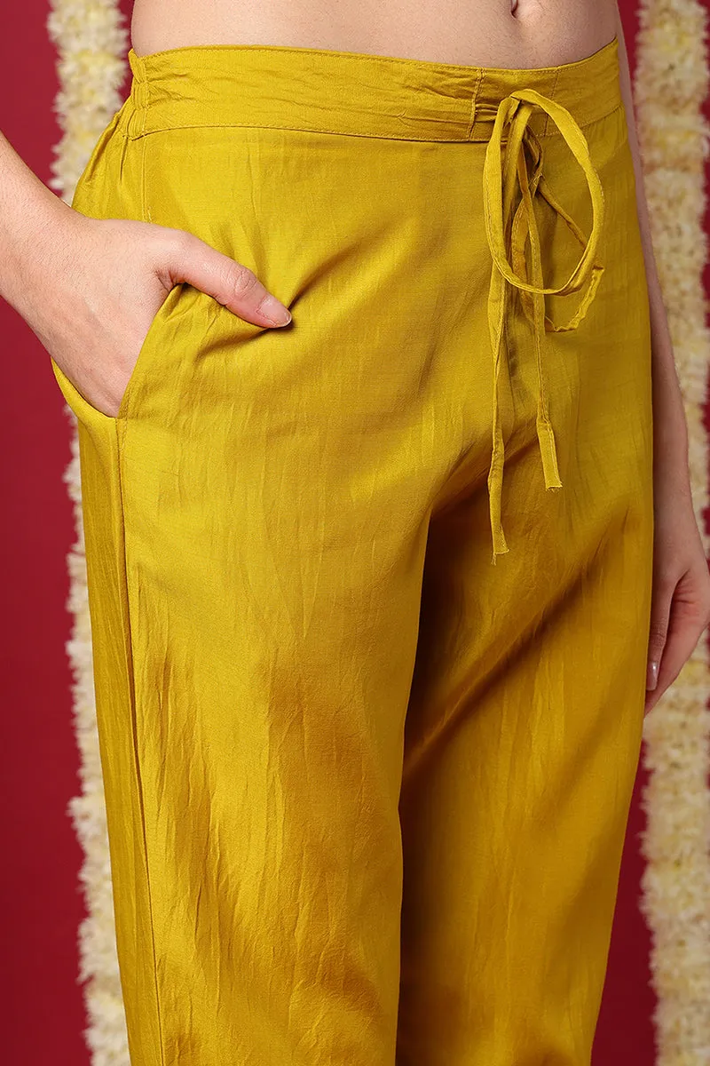 Yellow Silk Blend Solid Embroidered Flared Kurta Set