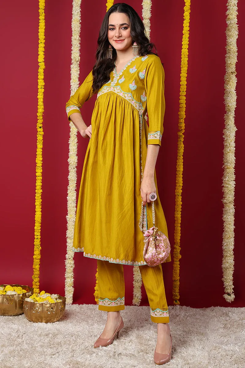 Yellow Silk Blend Solid Embroidered Flared Kurta Set